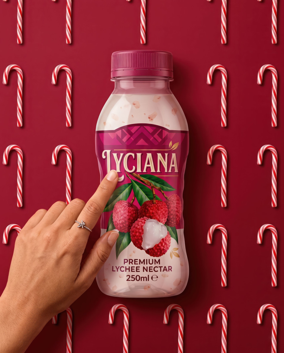 Lychee drink bottle flat lay with candy canes festive red background google gemini prompt