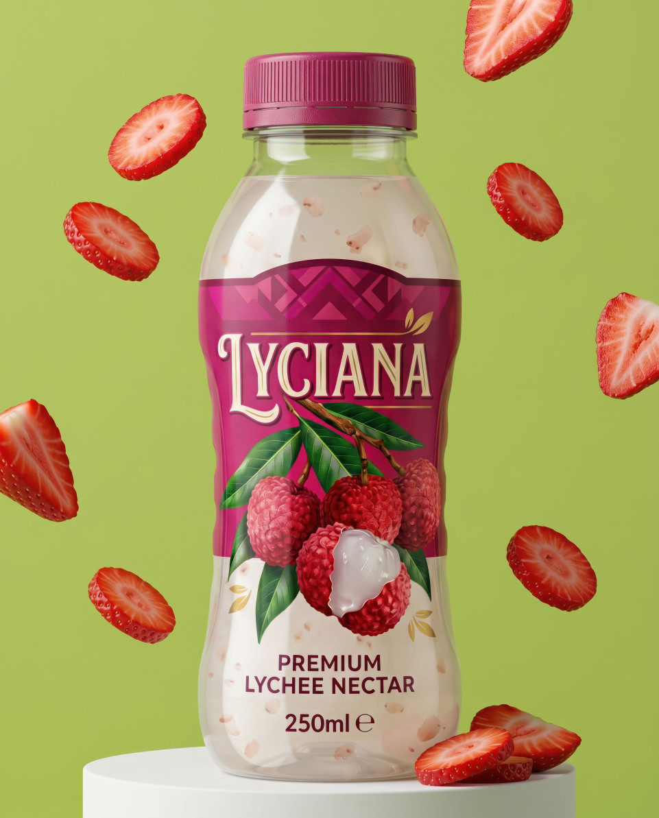 Lychee drink bottle with floating strawberry slices minimalist studio google gemini prompt