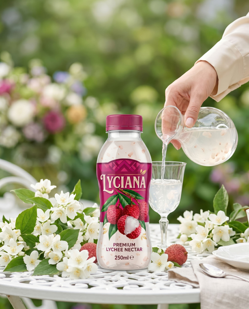 Lychee drink bottle with jasmine flowers garden tea lifestyle google gemini prompt