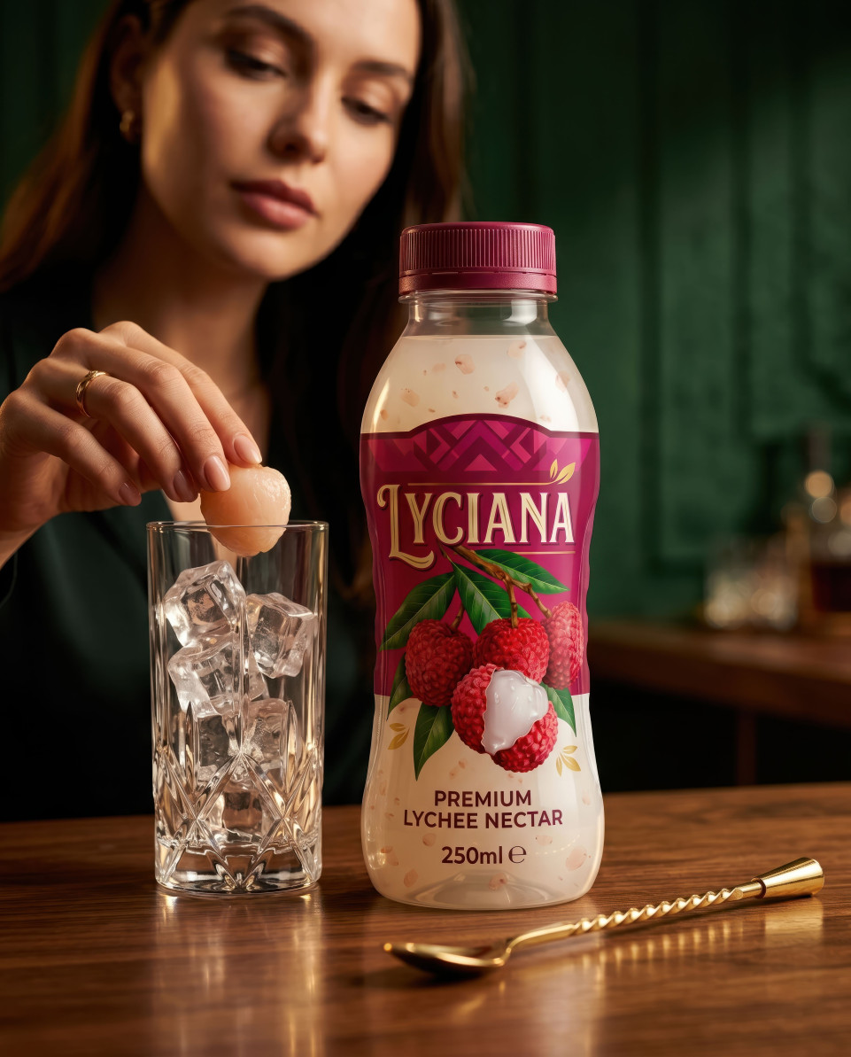 Lychee drink bottle on bar with cocktail glass evening mood google gemini prompt