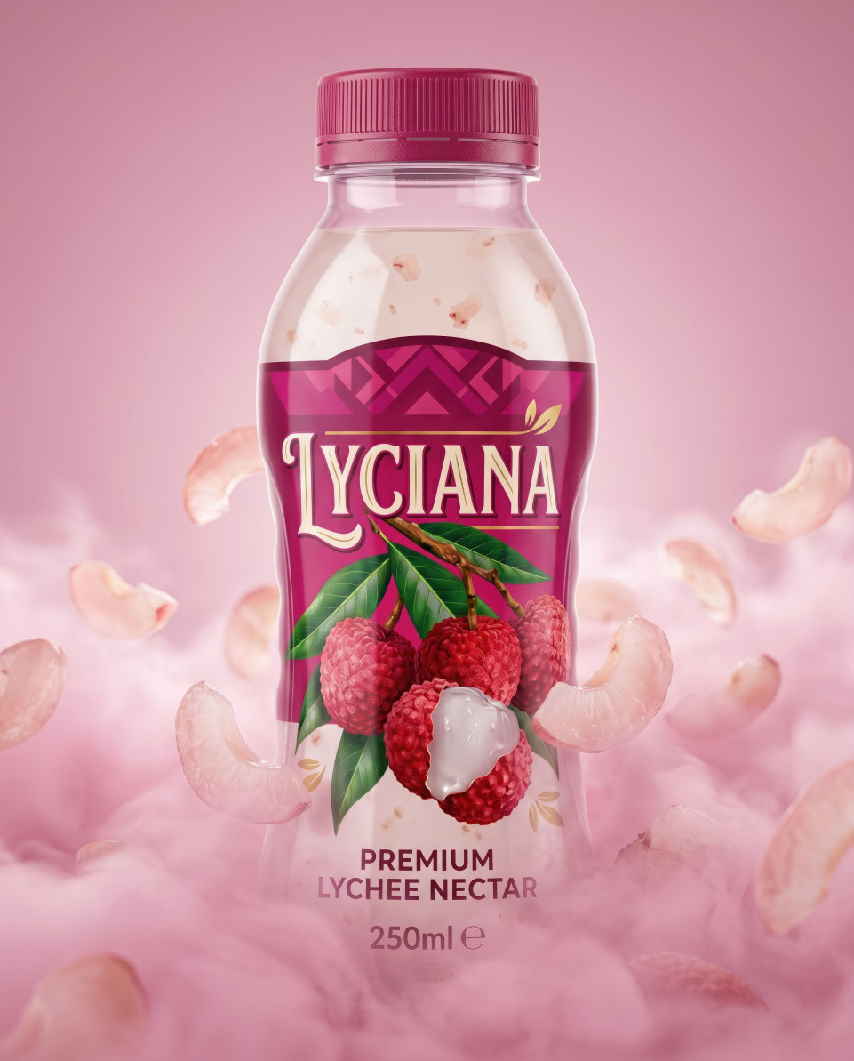 Lychee drink bottle in pink fog with floating slices ethereal style google gemini prompt