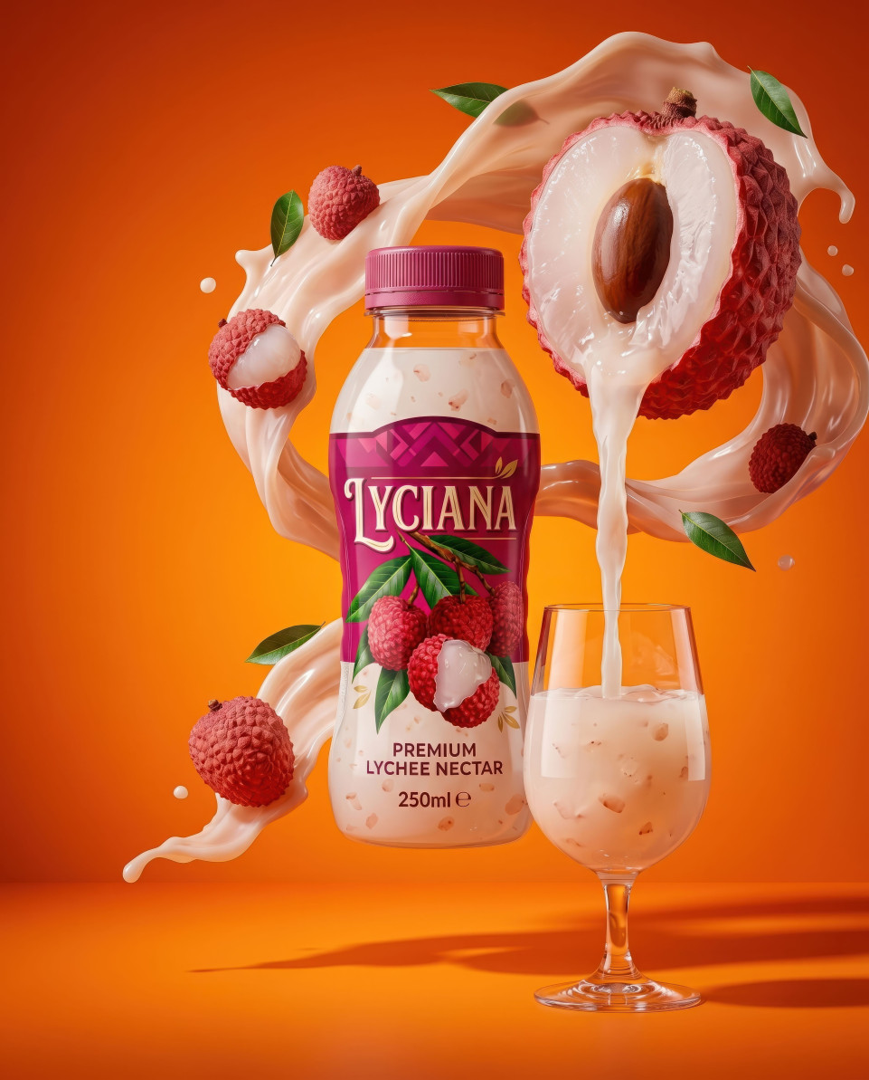 Lychee drink bottle with giant fruit pouring surreal concept scene google gemini prompt