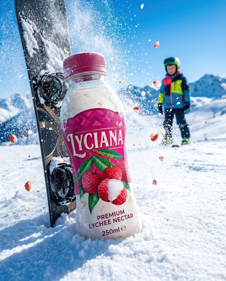 Lychee drink bottle in snow with snowboard winter sports action google gemini prompt
