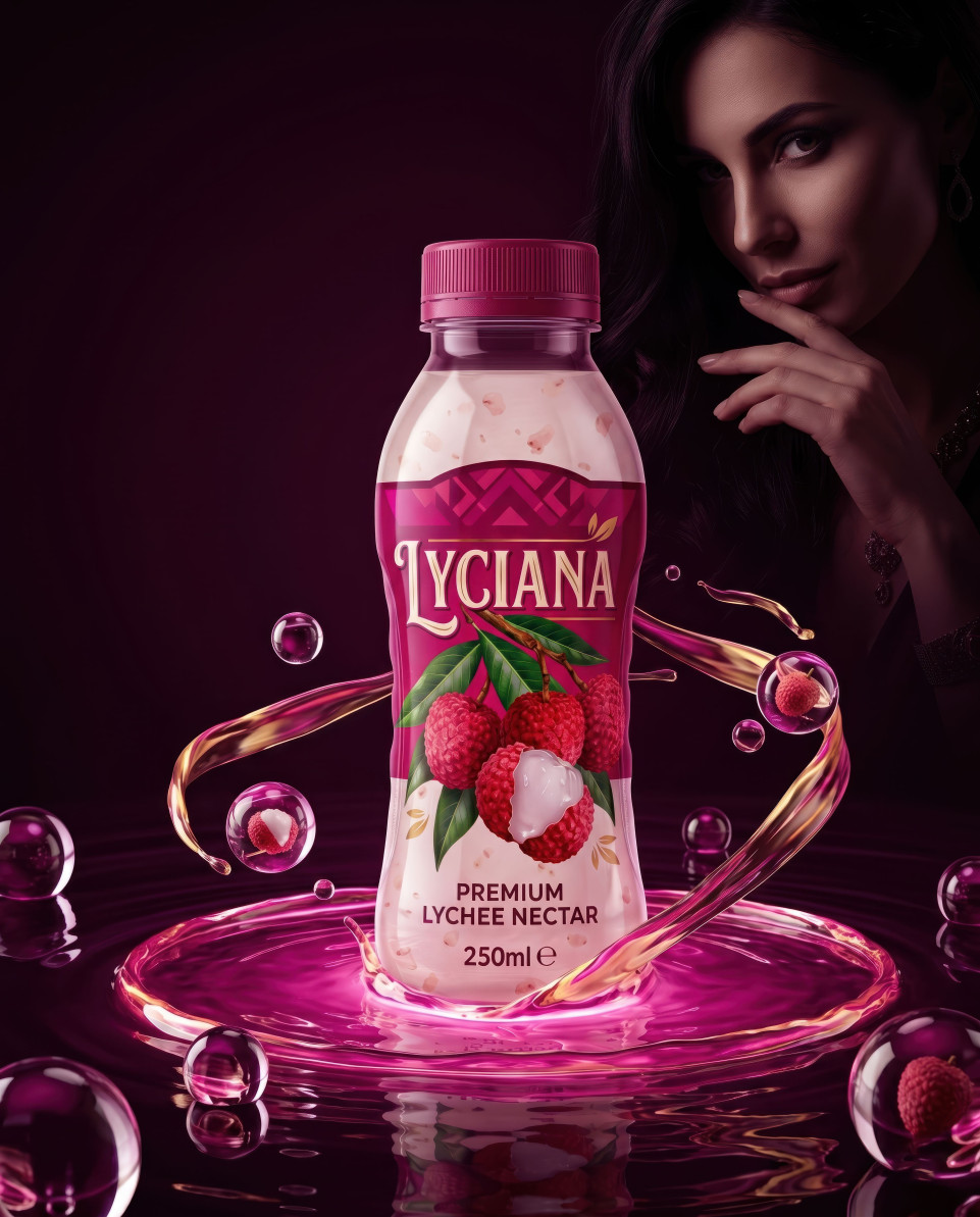 Lychee drink bottle emerging from water portal surreal luxury concept google gemini prompt