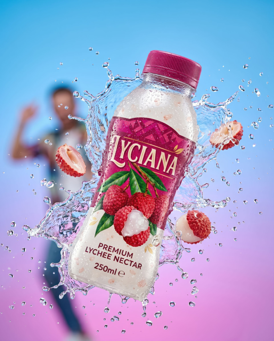 Lychee drink bottle splash with water explosion blue background google gemini prompt