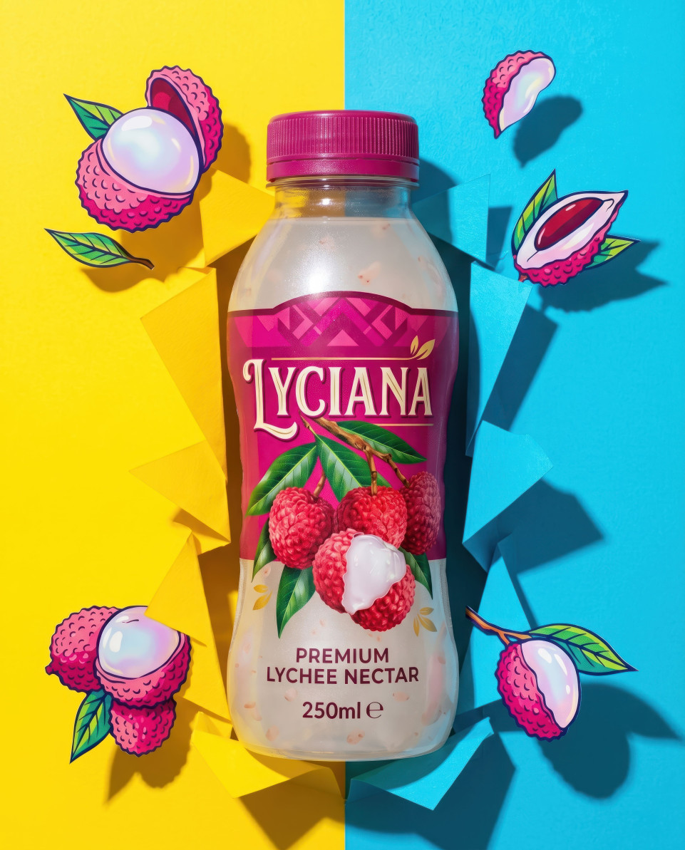 Lychee drink bottle bursting through paper pop art background google gemini prompt