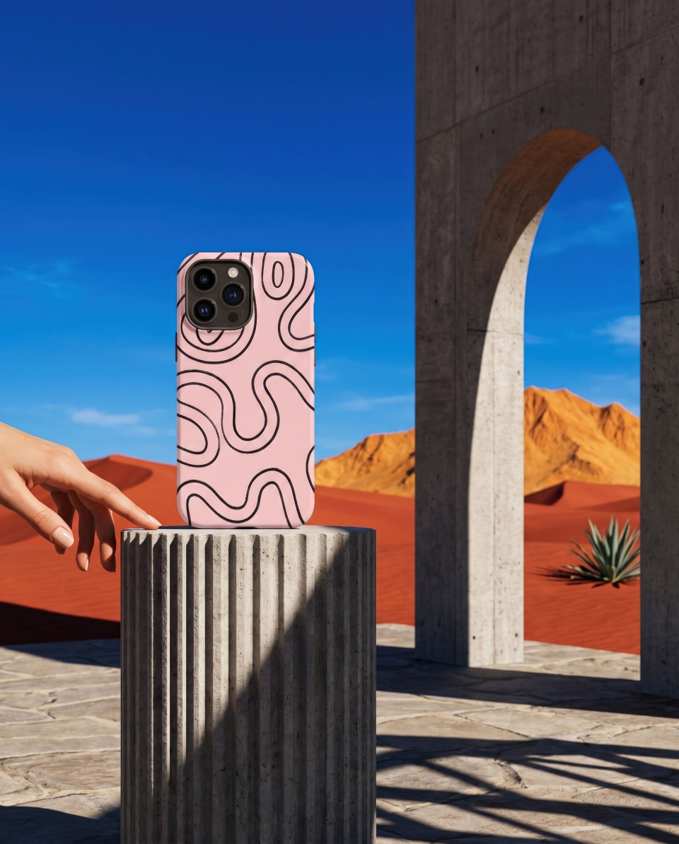 Phone case on concrete plinth desert modern architecture scene google gemini prompt