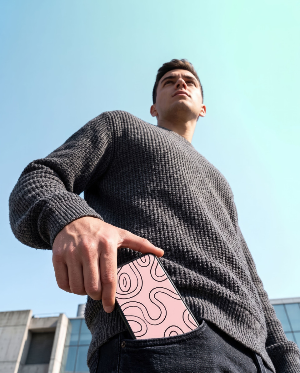 Man pulling phone case from pocket low angle outdoor shot google gemini prompt