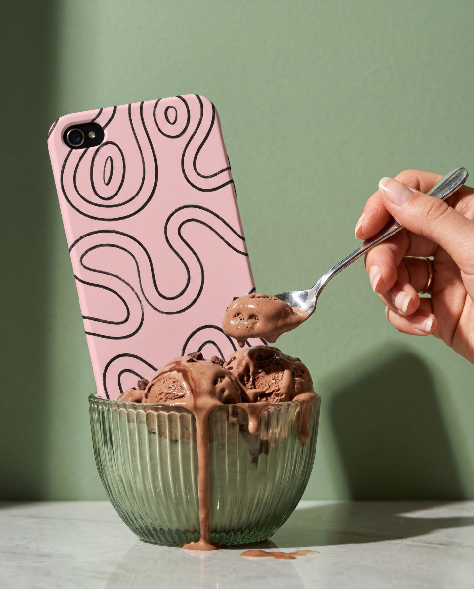 Phone case with ice cream dessert fashion lifestyle setup google gemini prompt