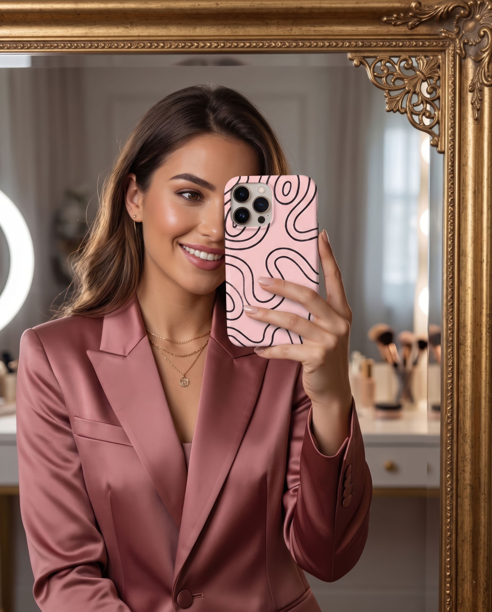 Woman mirror selfie with phone case luxury dressing room google gemini prompt