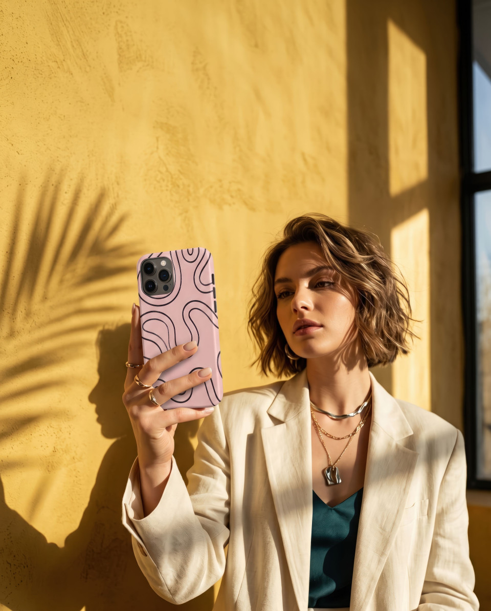 Woman holding phone cover in golden hour fashion light google gemini prompt