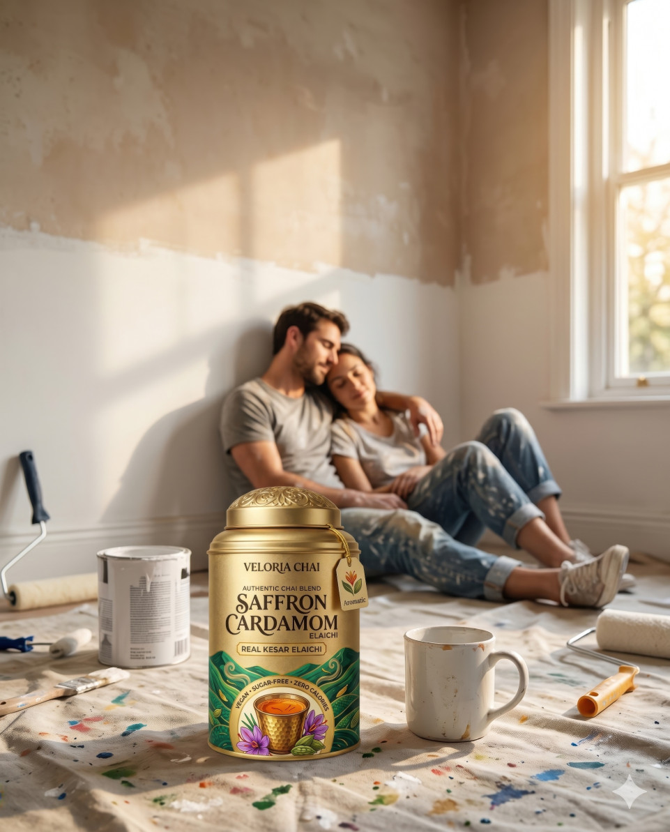 Tea tin in home renovation lifestyle with couple relaxing google gemini prompt