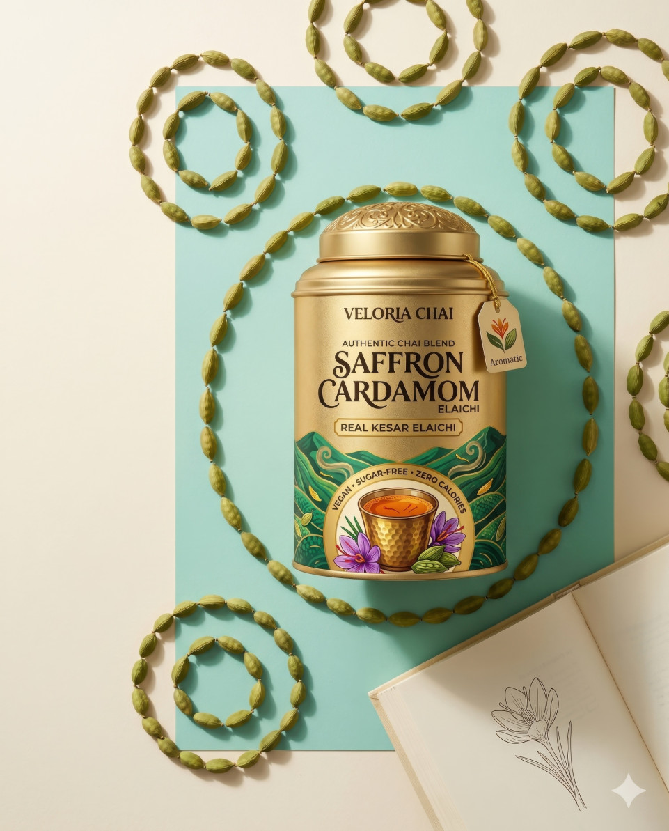 Minimal flat lay tea tin with cardamom and open book google gemini prompt