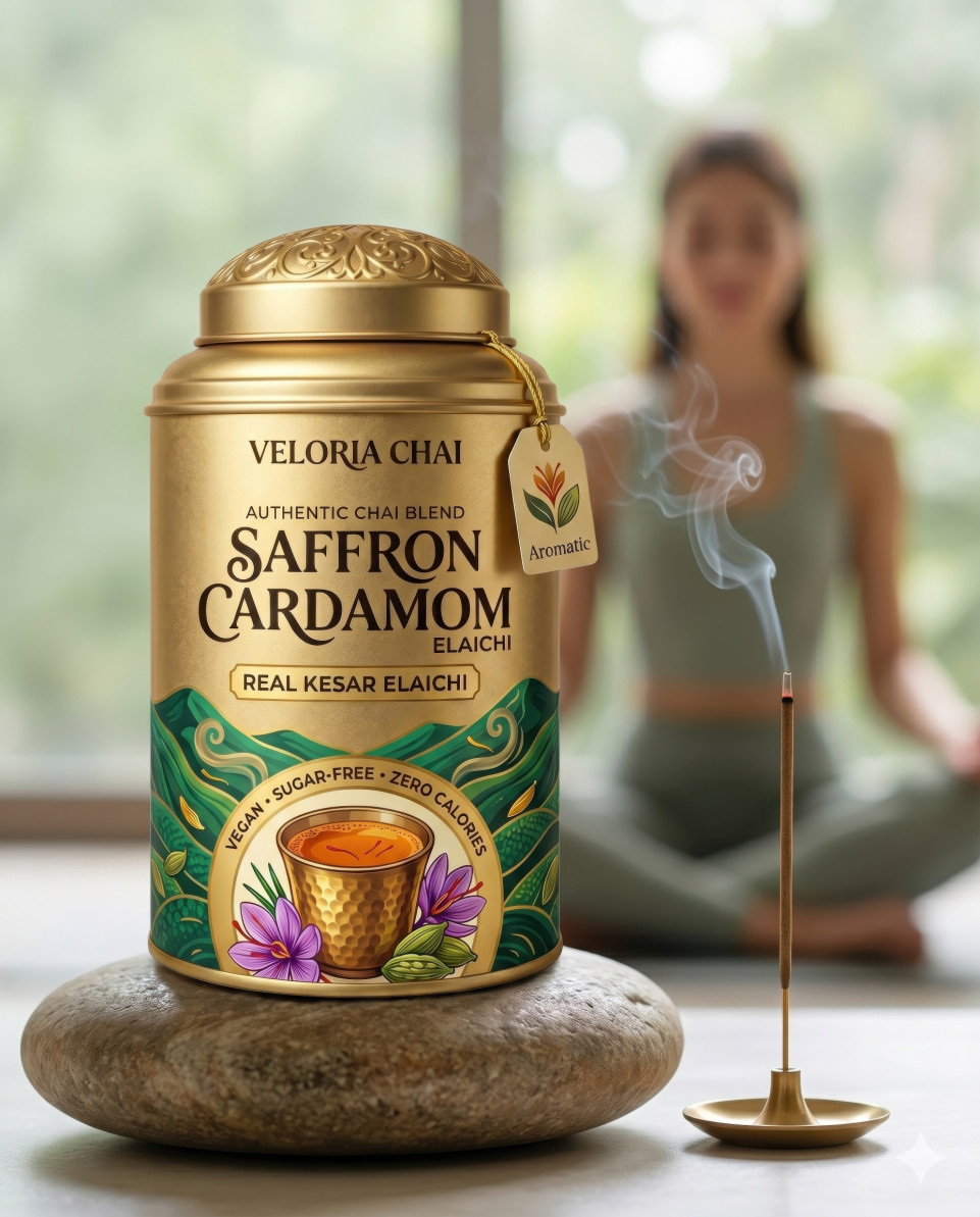 Wellness tea tin with incense and meditation background google gemini prompt