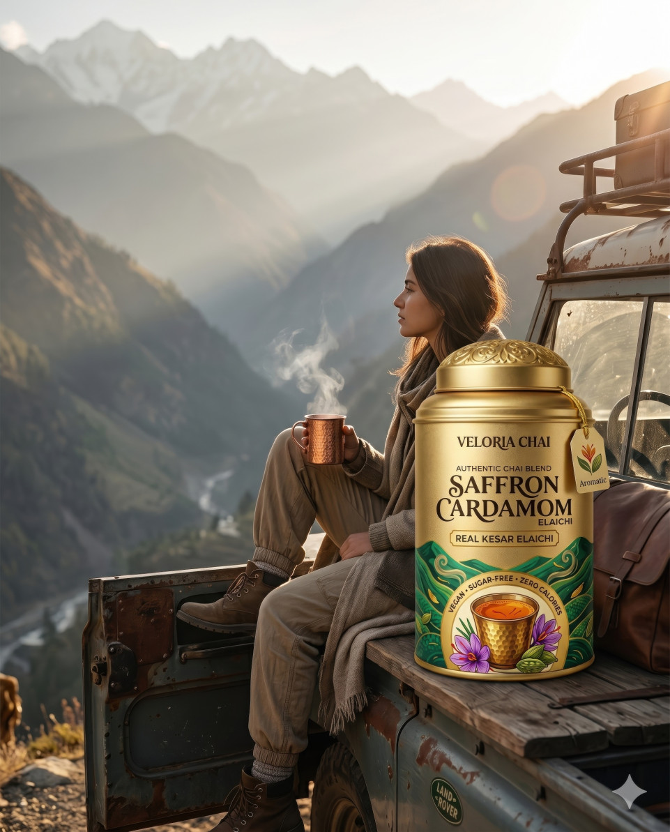 Tea tin with traveler on mountain car at golden hour google gemini prompt