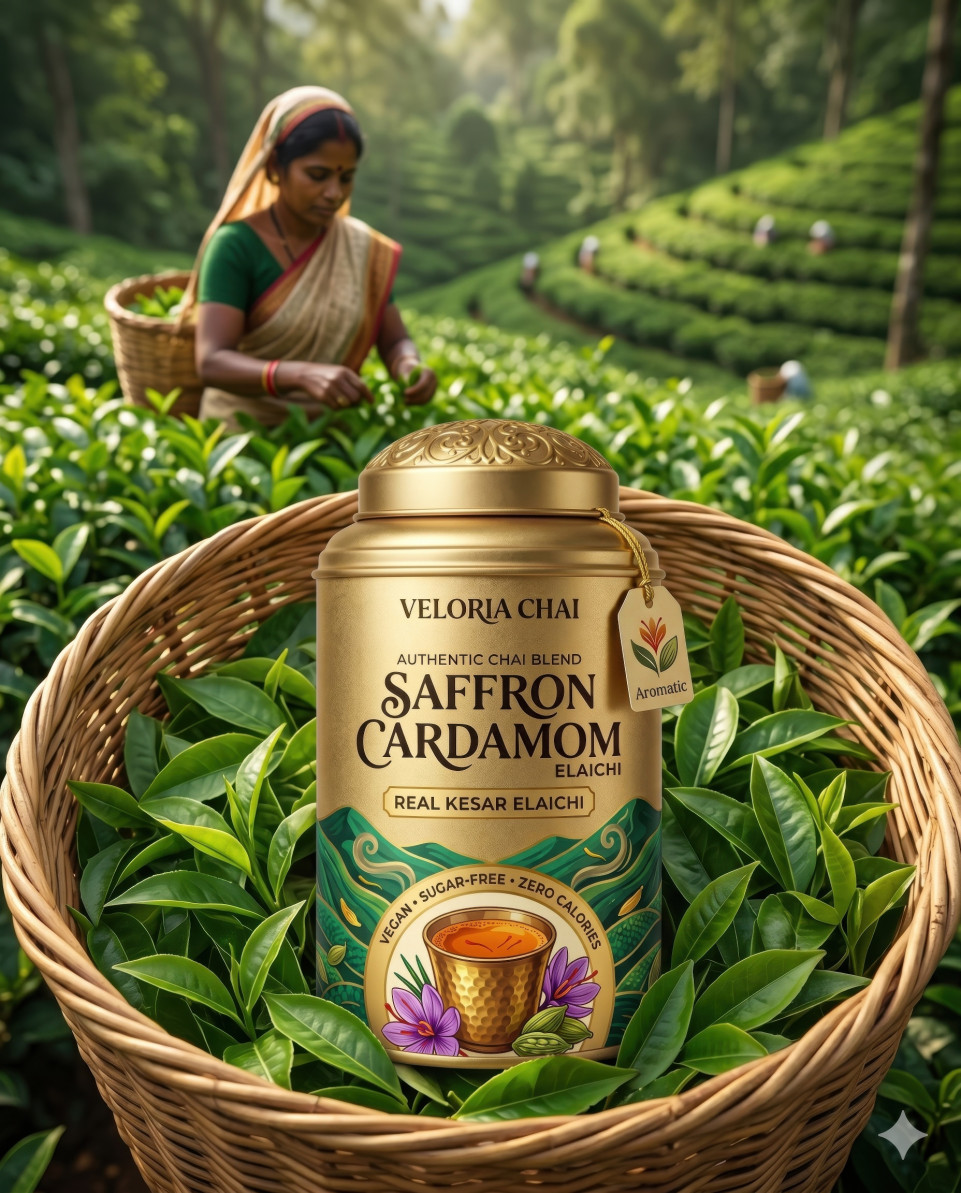 Tea tin in wicker basket with tea plantation harvest scene google gemini prompt