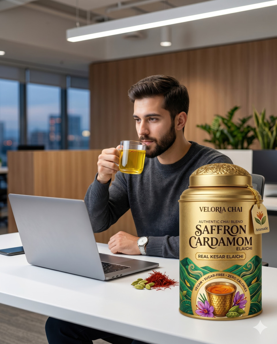 Tea tin on office desk with laptop and work lifestyle google gemini prompt