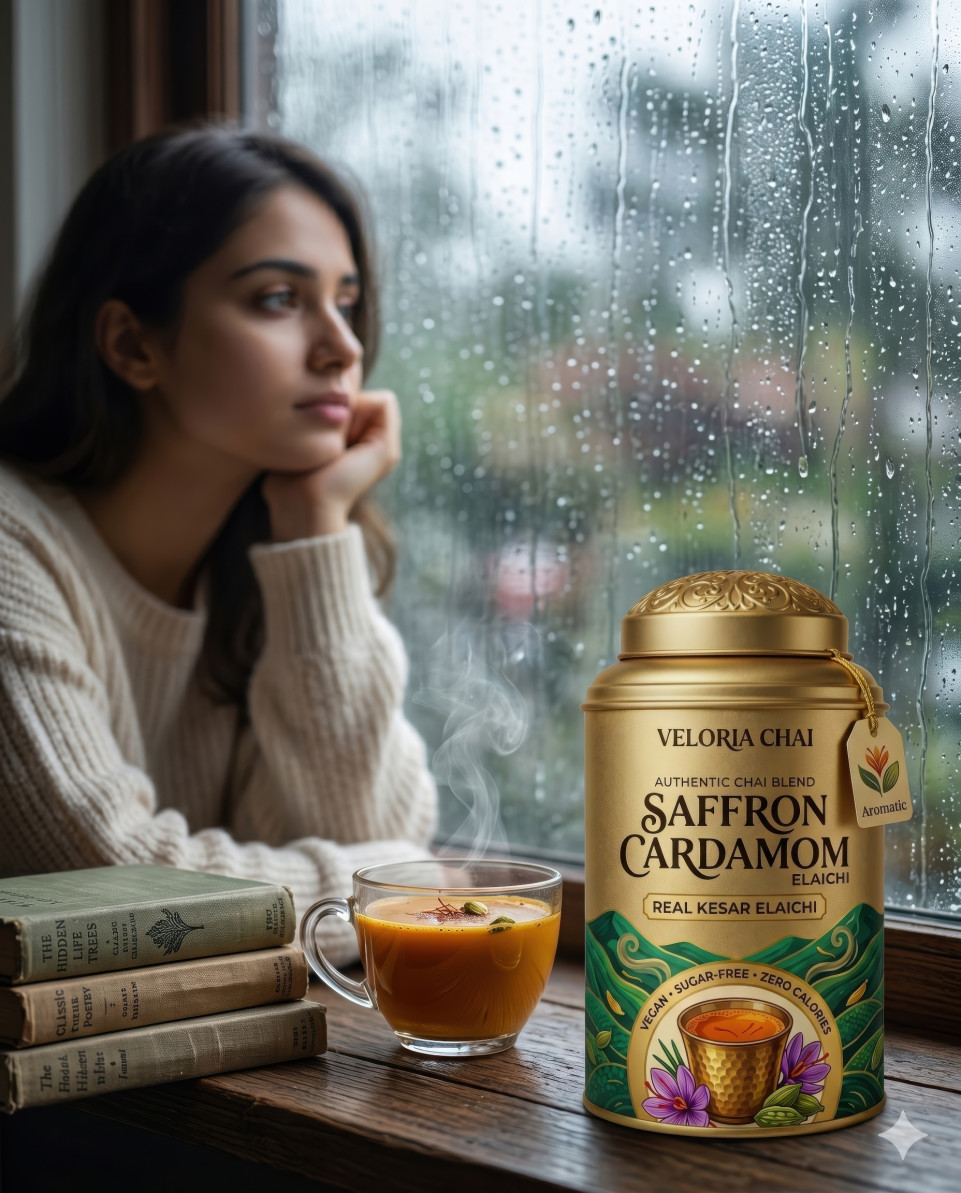 Tea tin by rainy window with books and cozy lifestyle google gemini prompt