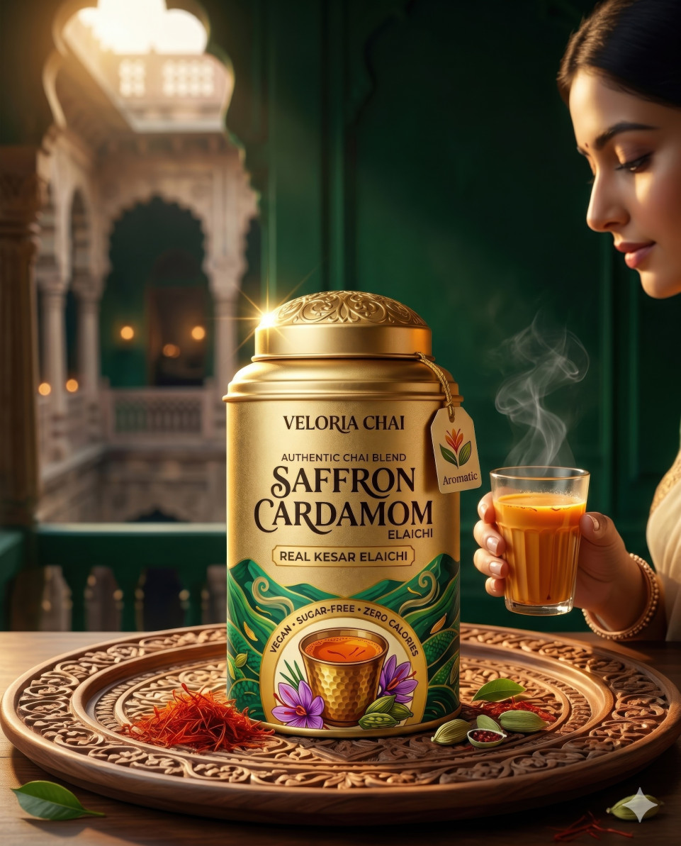 Luxury saffron tea tin on sandalwood tray royal setting google gemini prompt