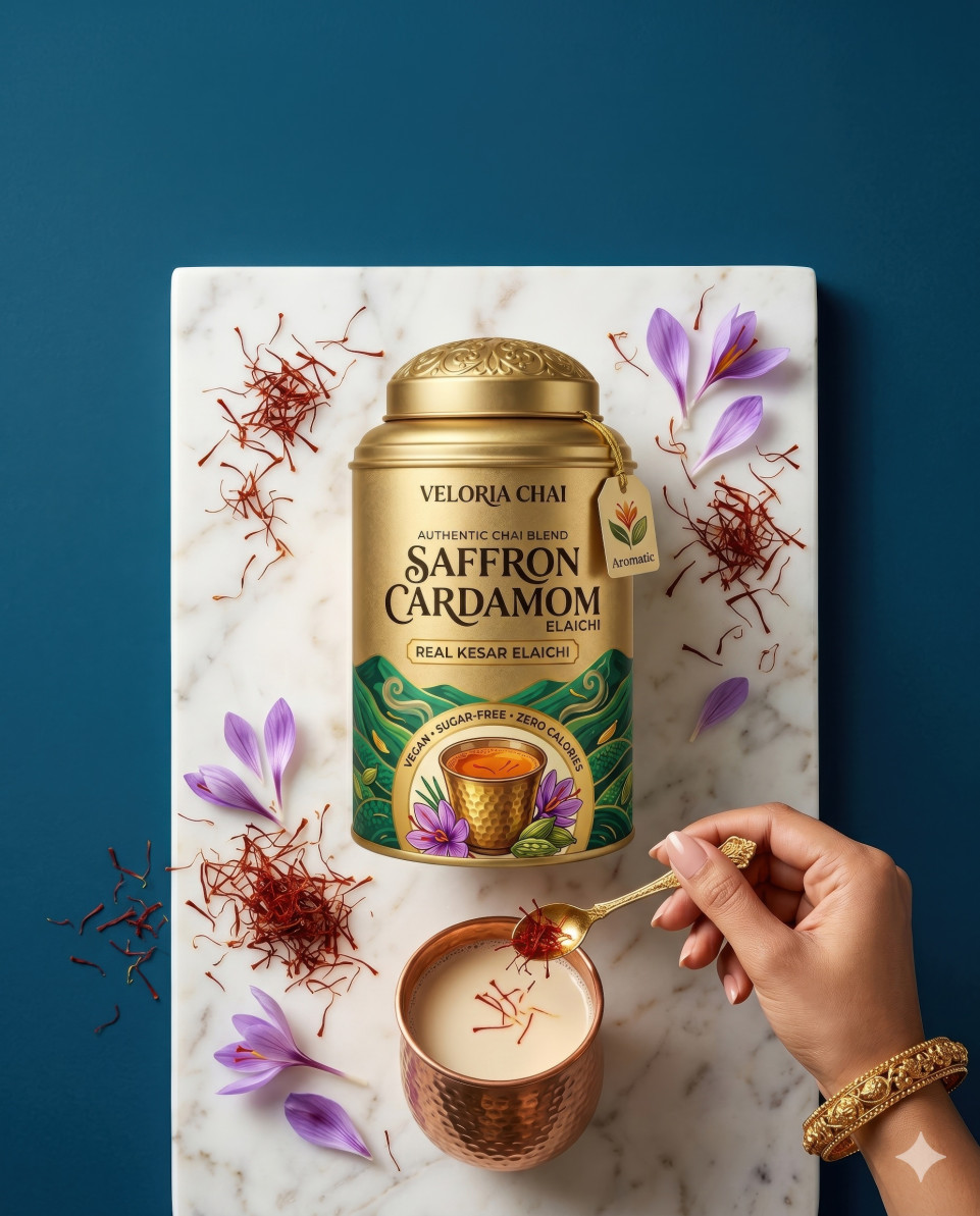 Luxury tea tin with saffron and petals on marble top view google gemini prompt