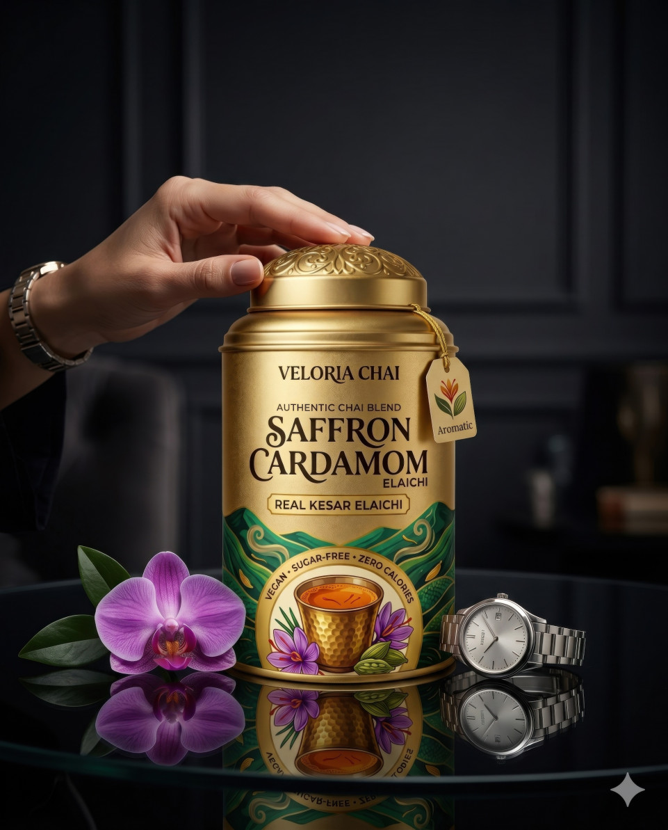Luxury tea tin with watch and orchid elegant gifting scene google gemini prompt