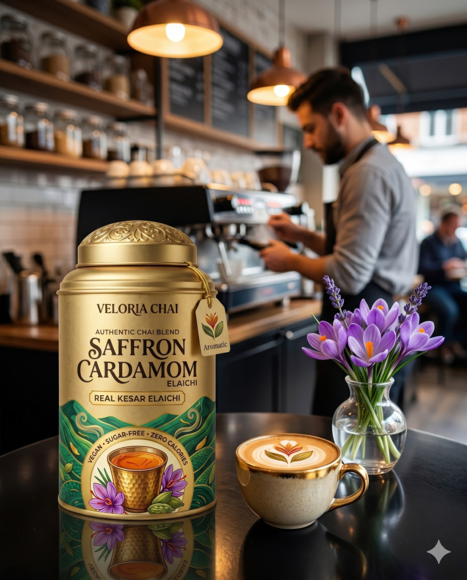 Tea tin on cafe table with latte and urban lifestyle google gemini prompt