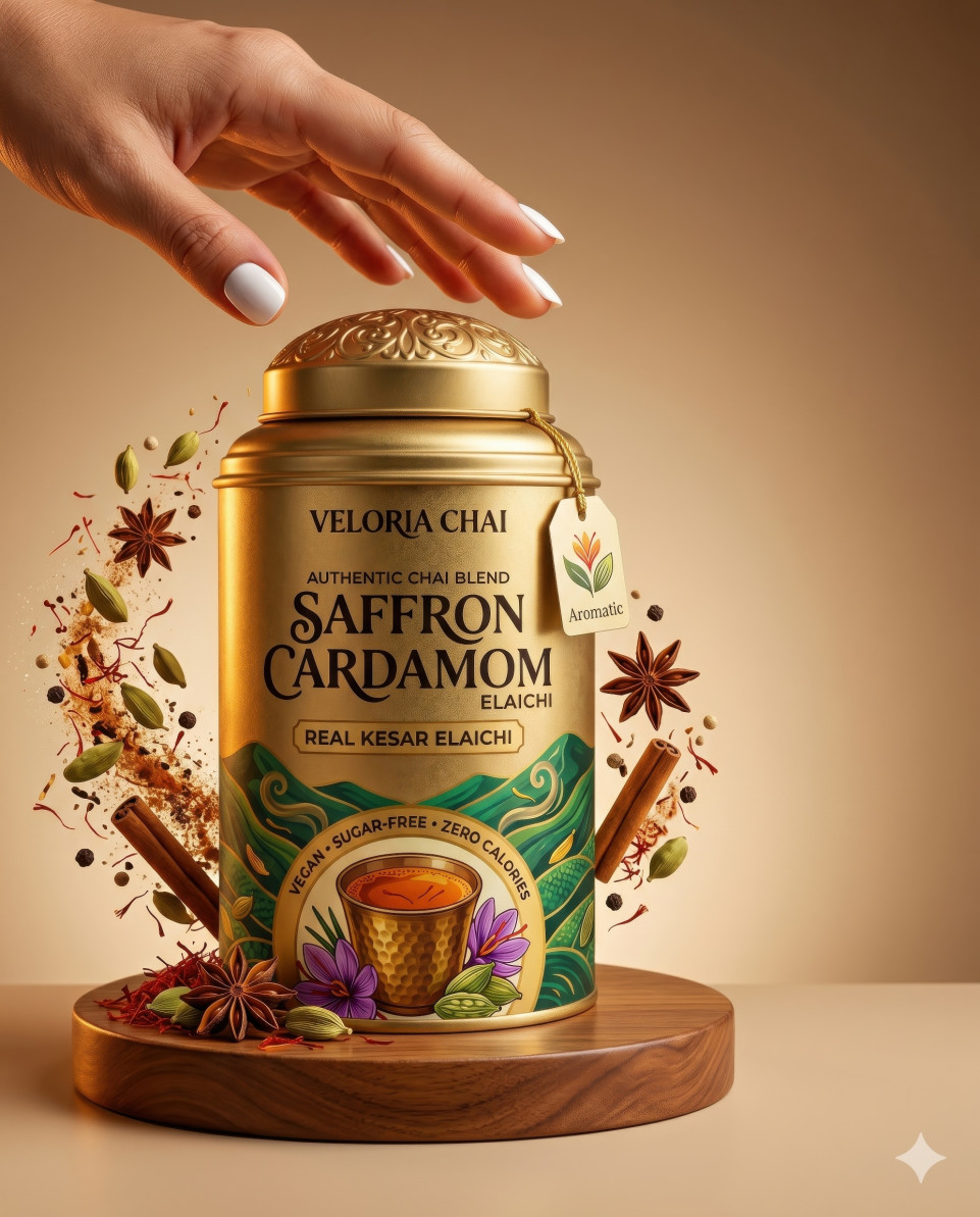 Premium tea tin with spices swirl on wooden pedestal google gemini prompt