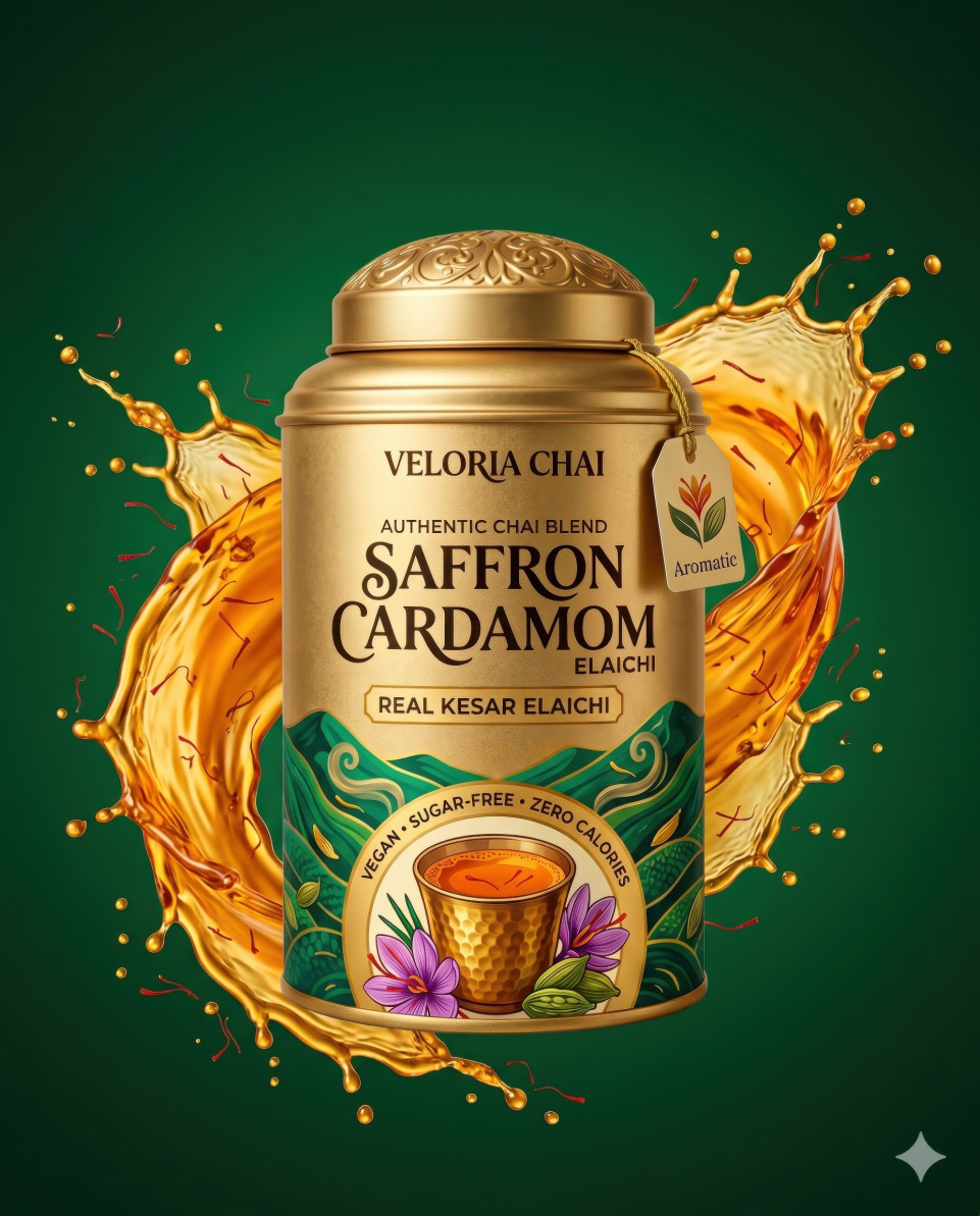 Tea tin with dynamic liquid splash and saffron vortex google gemini prompt