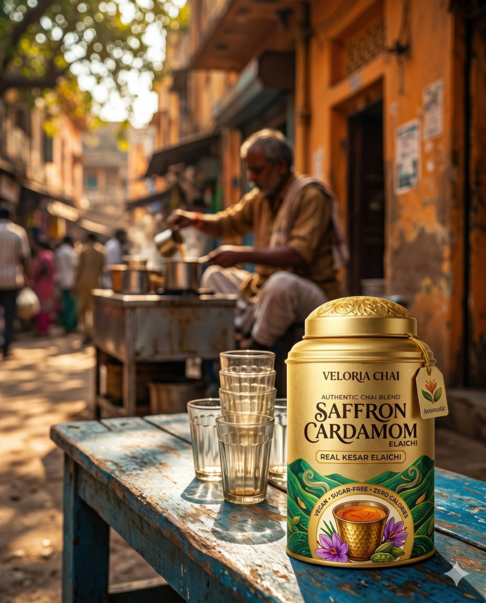 Tea tin with cutting chai glasses on rustic street setting google gemini prompt