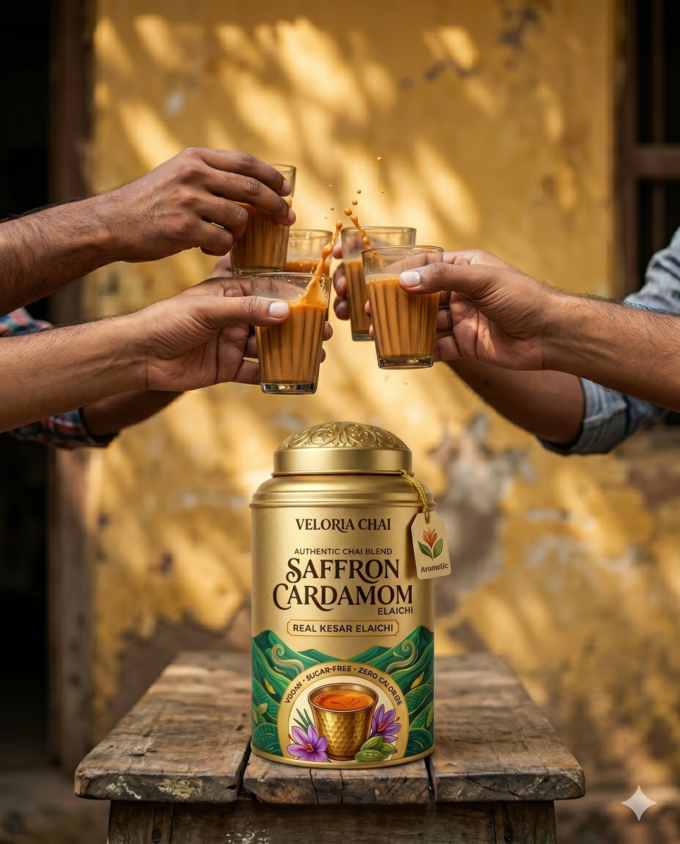 Tea tin with chai glasses and friends social moment google gemini prompt