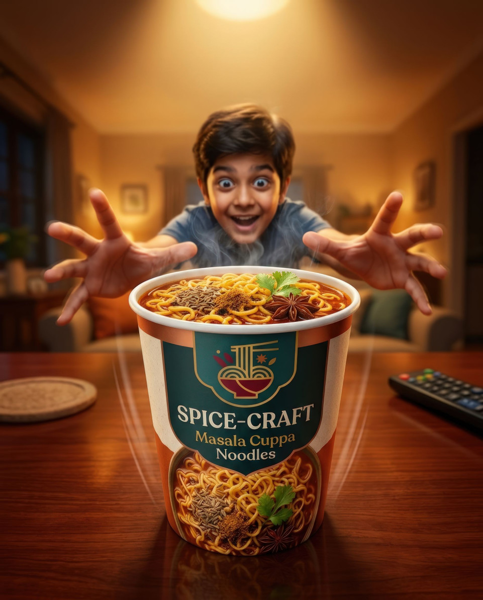 Boy reaching for noodle cup on table high energy scene google gemini prompt