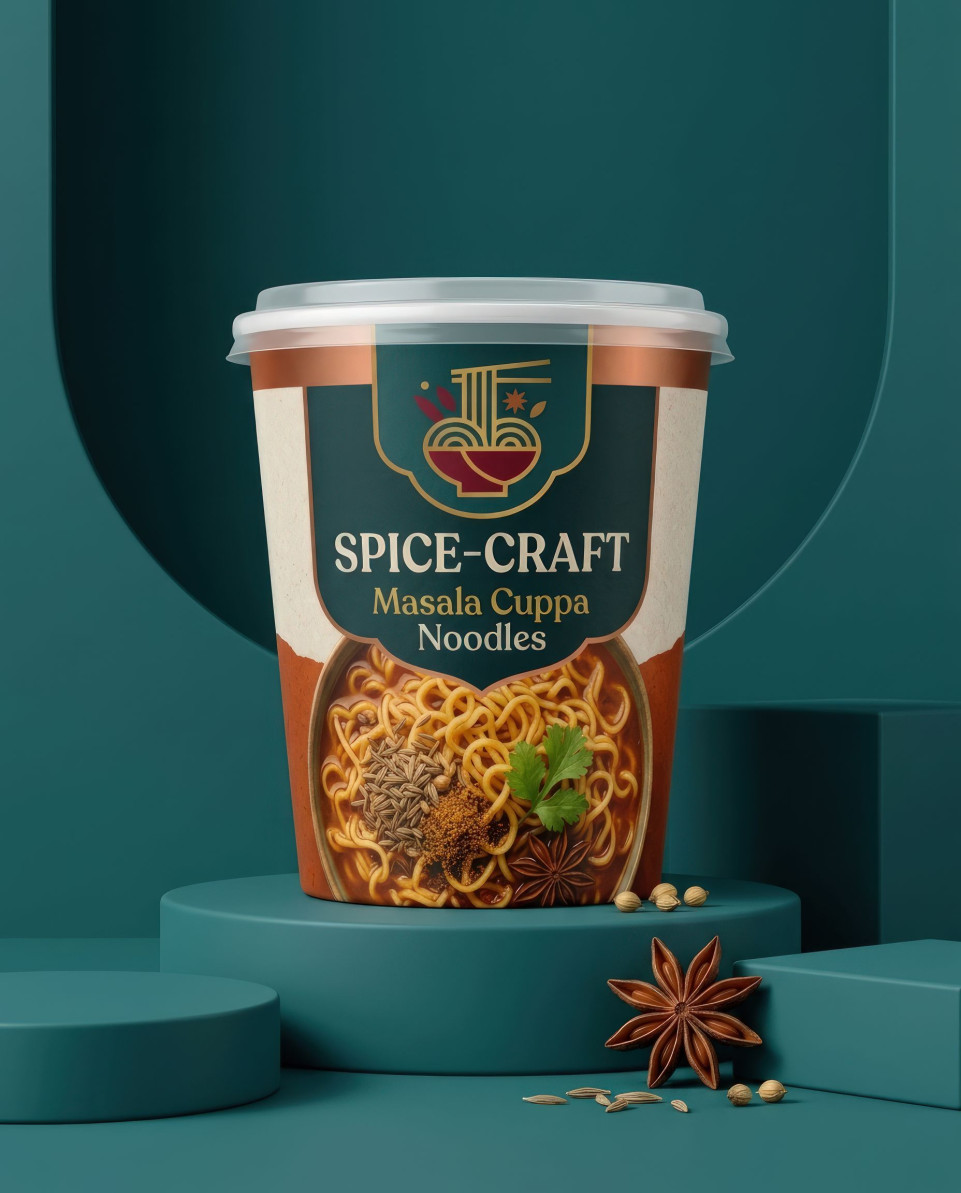 Minimal noodle cup on teal pedestal modern product shot google gemini prompt