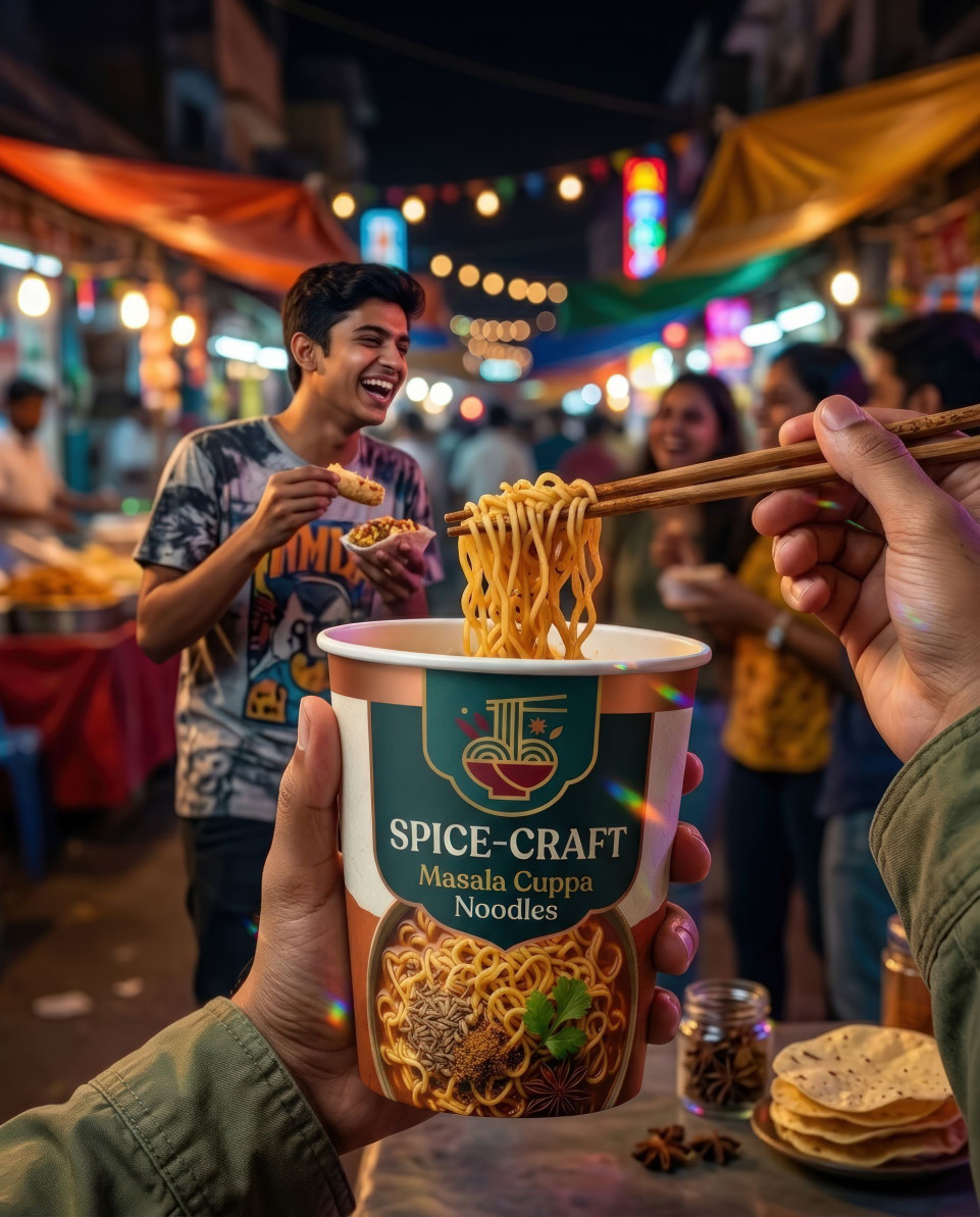 Noodle cup held at night market with neon lights lifestyle google gemini prompt