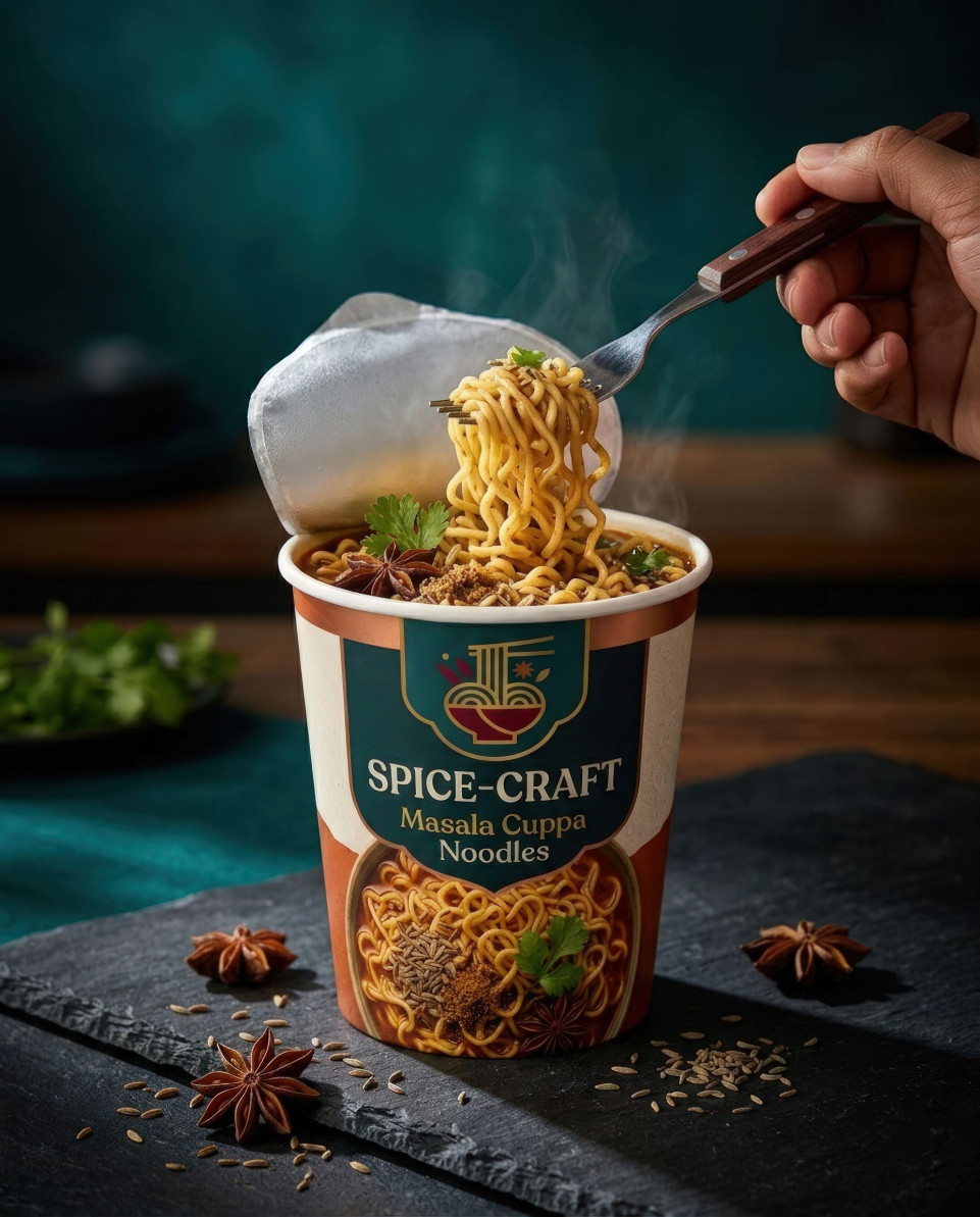 Spicy noodles cup on slate with spices dramatic food shot google gemini prompt