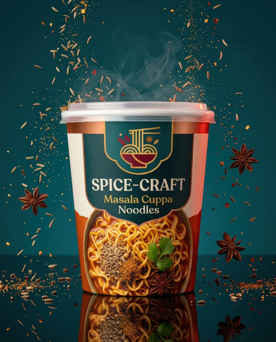 Noodle cup with falling spices high speed splash shot google gemini prompt
