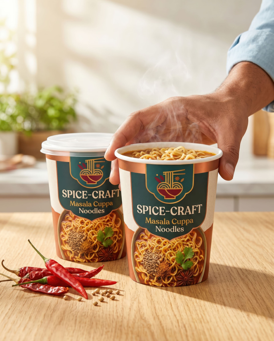 Instant noodles cup on wood table with chili sunny setup google gemini prompt