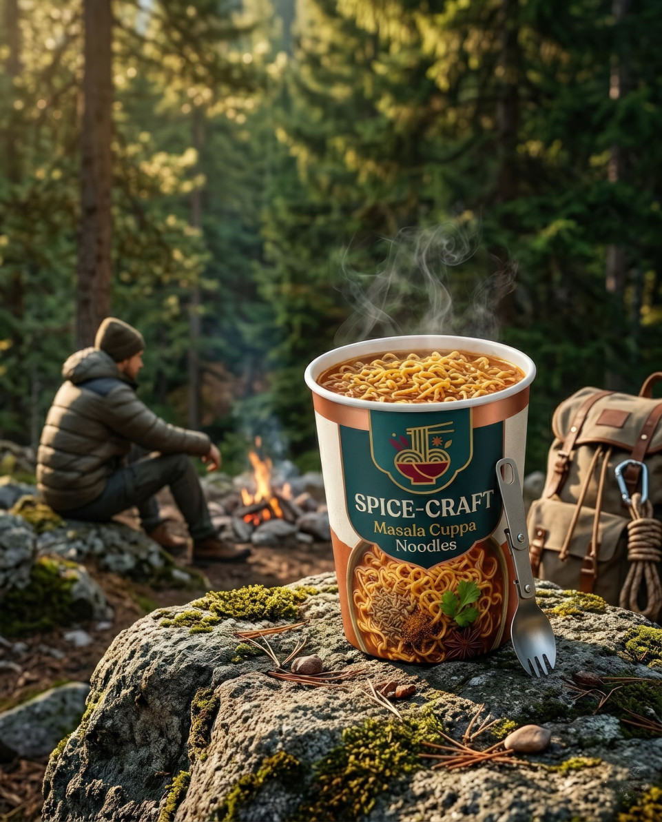 Noodle cup on rock outdoor camping adventure snack google gemini prompt