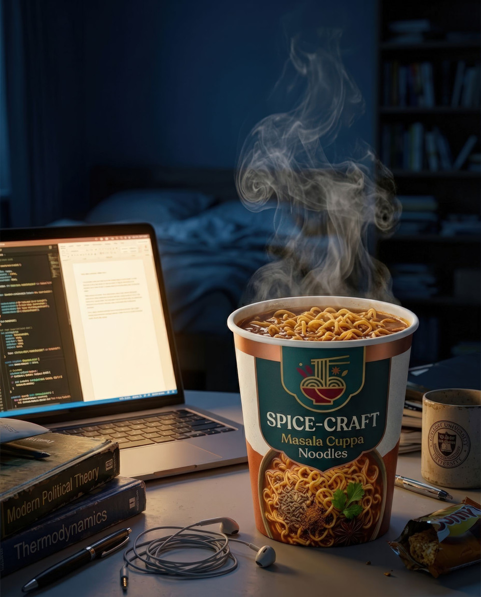 Noodle cup on study desk with laptop late night snack google gemini prompt