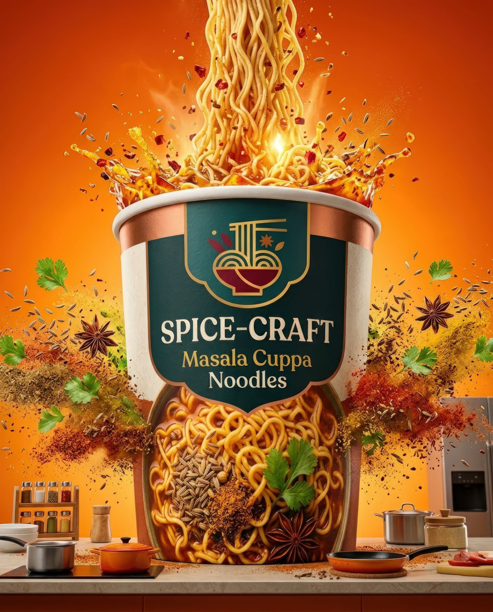 Giant noodle cup surreal kitchen concept advertising scene google gemini prompt