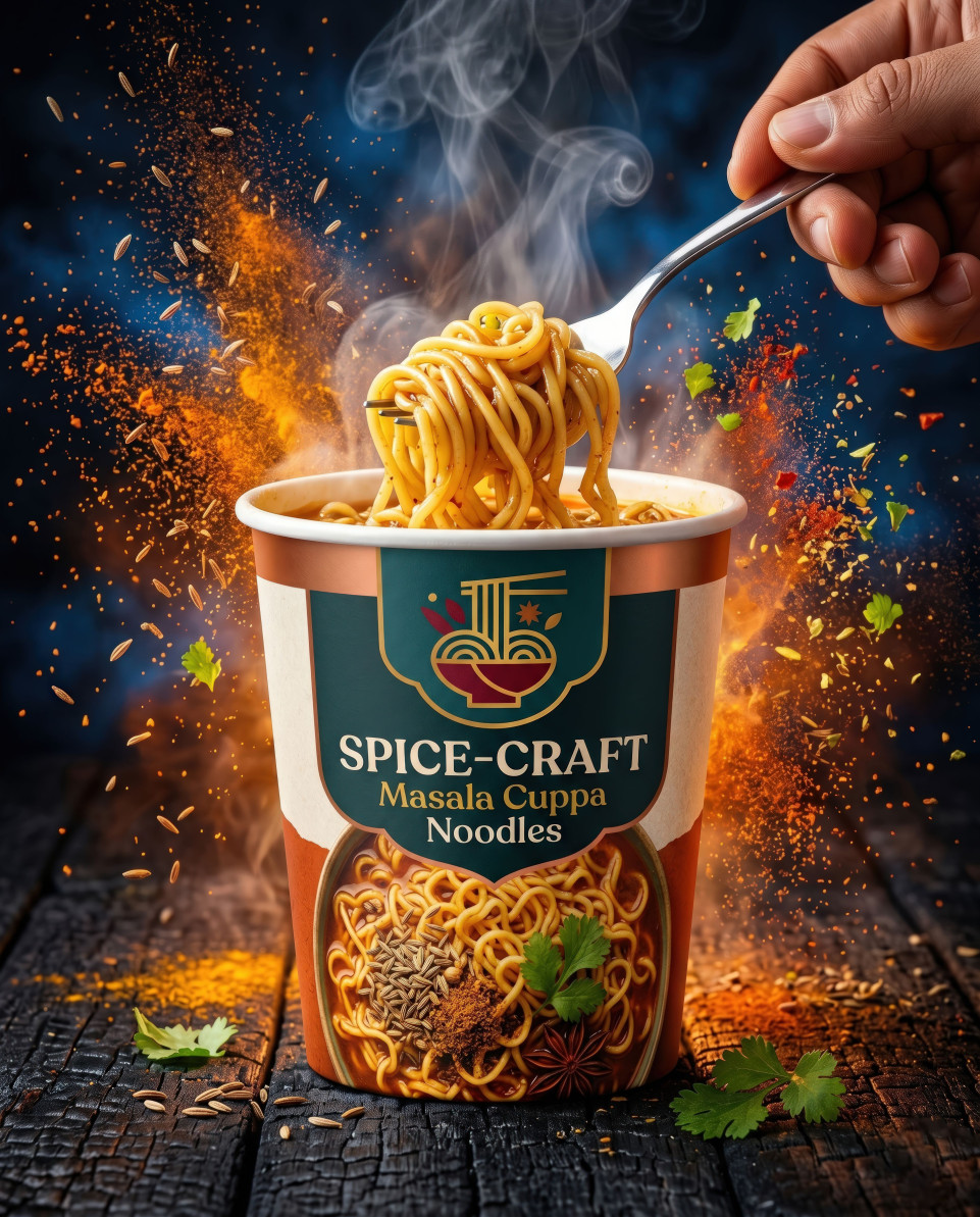 Spicy noodles lifted with spoon dramatic cinematic ad google gemini prompt