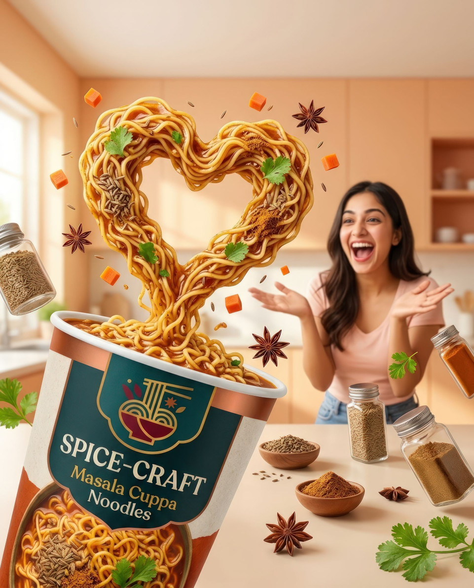 Noodles forming heart shape from cup playful concept google gemini prompt