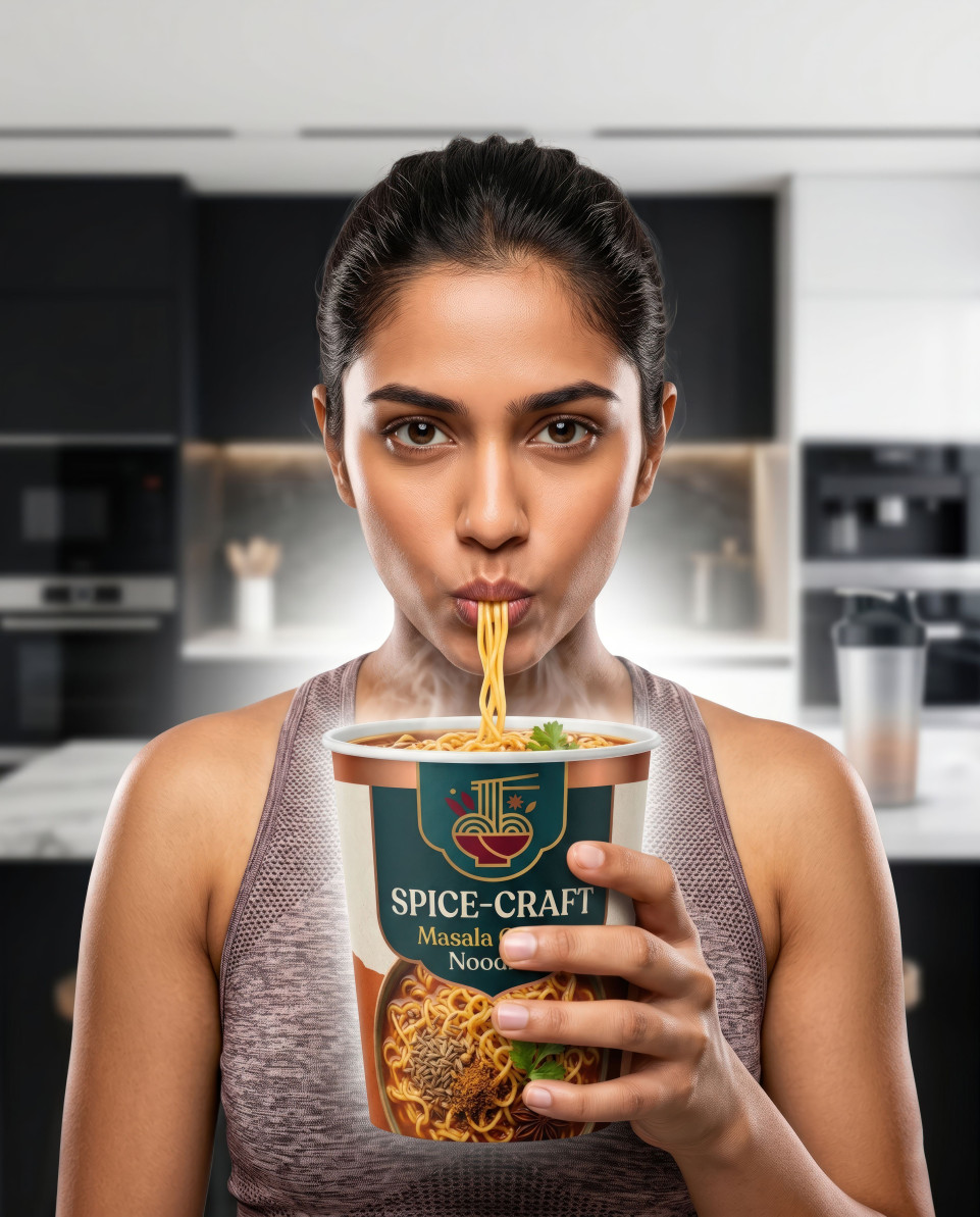 Girl slurping instant noodles cup in modern kitchen ad google gemini prompt