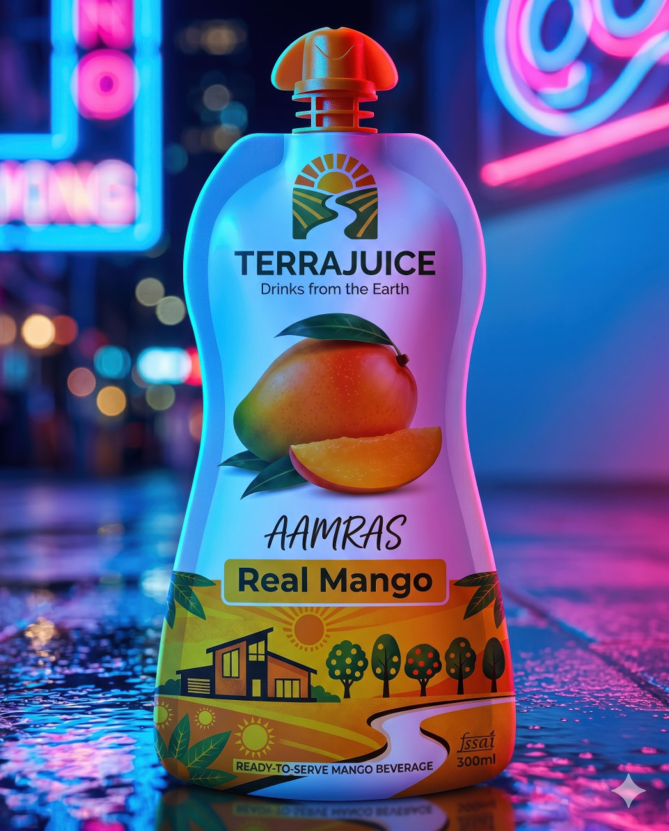 Mango drink pouch on wet pavement in neon lounge nightlife google gemini prompt