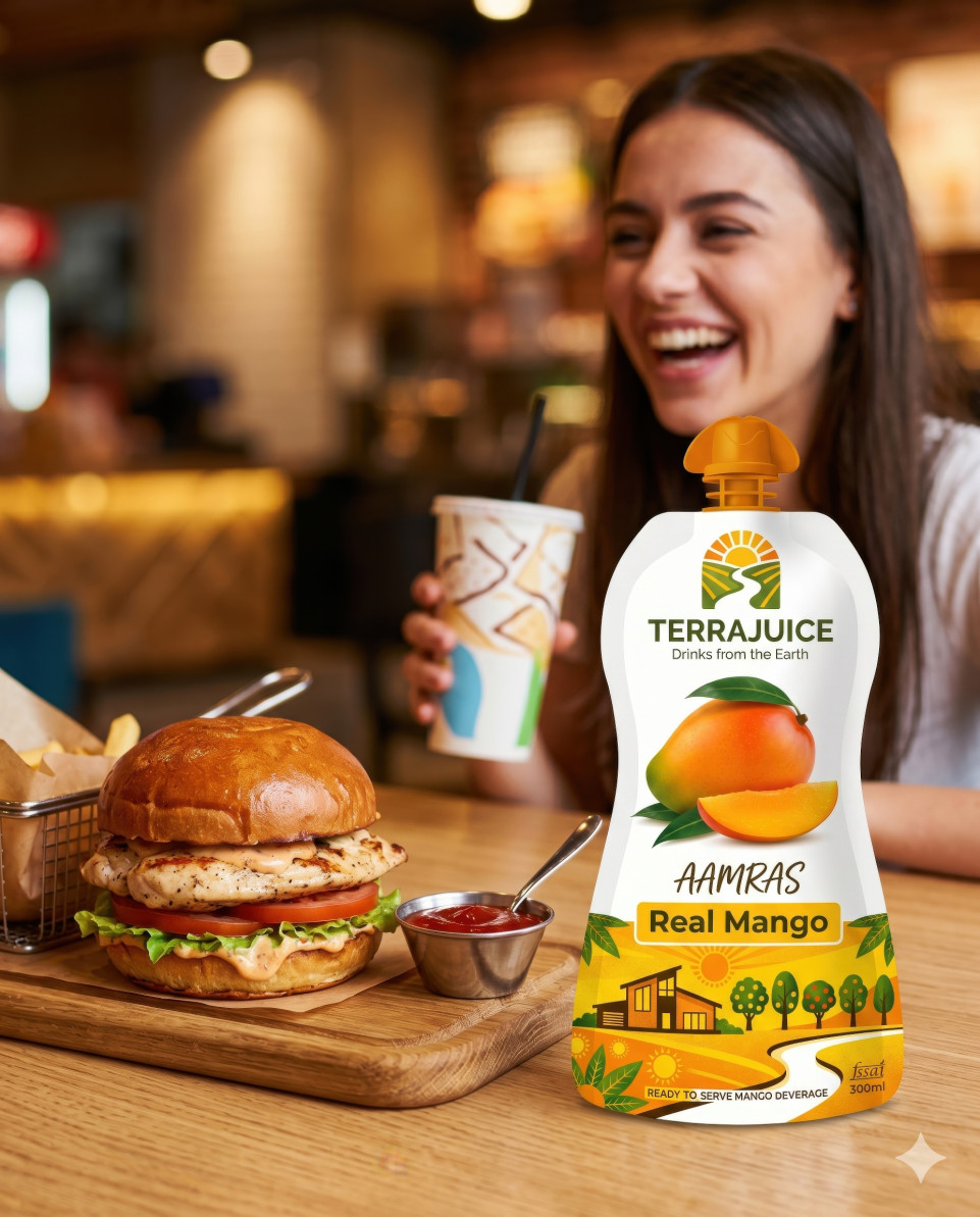 Mango drink pouch with chicken burger in casual restaurant google gemini prompt