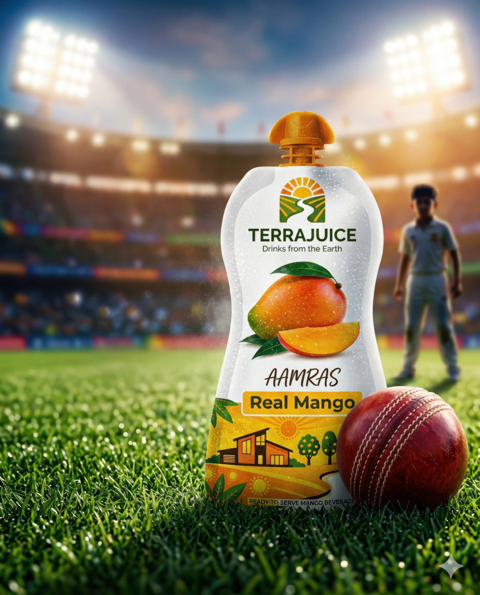 Mango drink pouch on cricket pitch with ball sports energy google gemini prompt