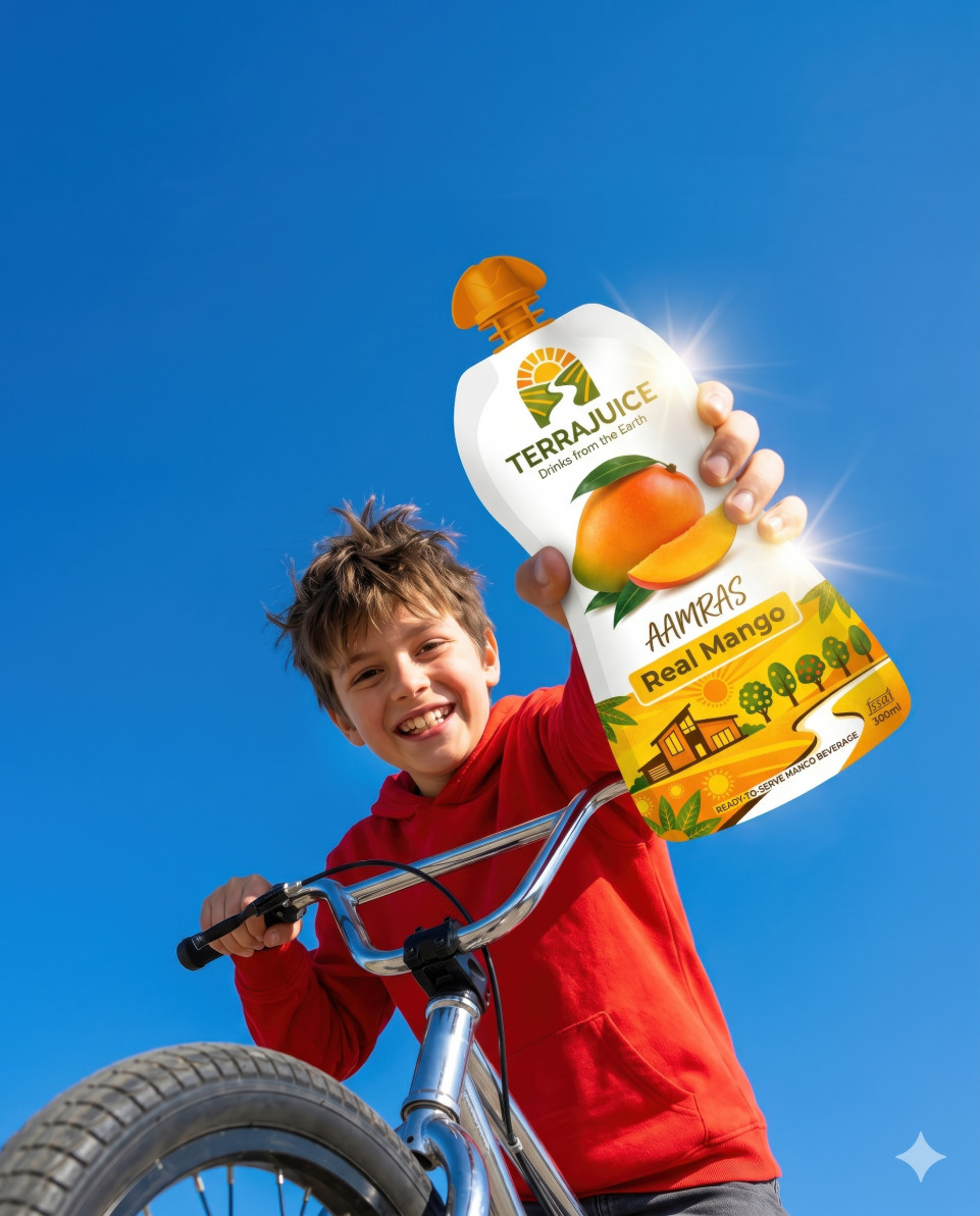 Mango drink pouch held by boy on bike action lifestyle google gemini prompt