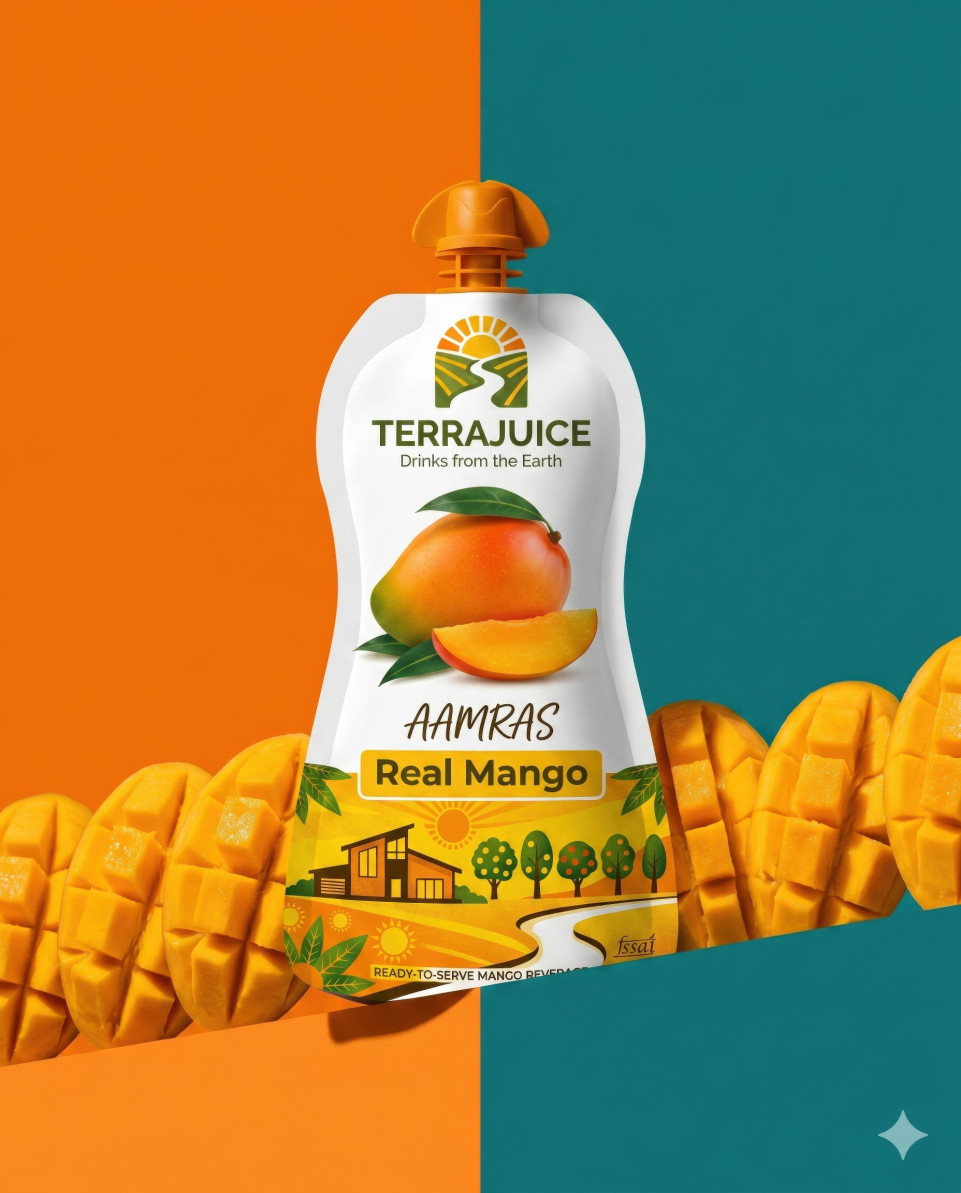 Mango drink pouch with sliced mango on modern color block background google gemini prompt