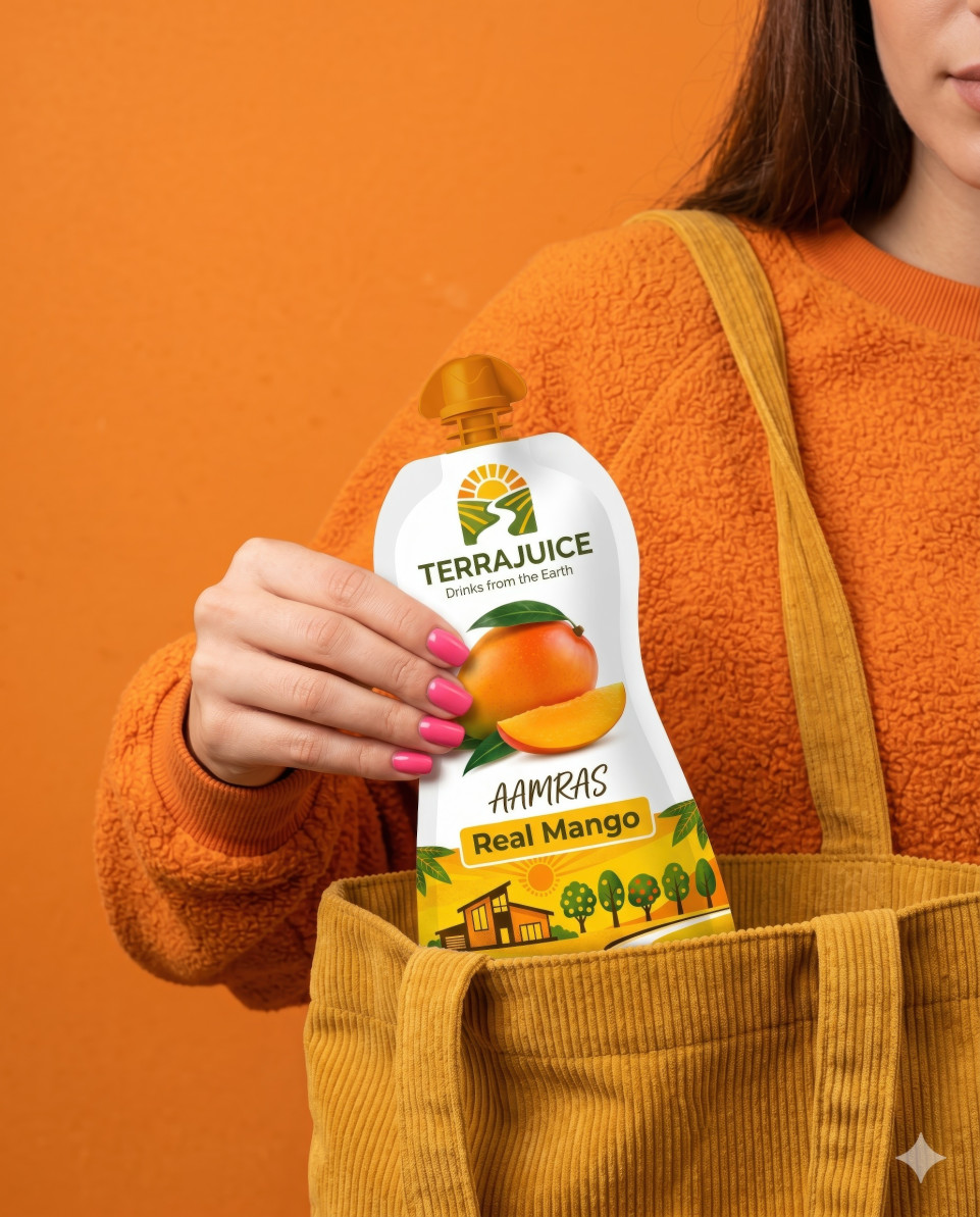 Mango drink pouch pulled from tote bag fashion lifestyle studio google gemini prompt