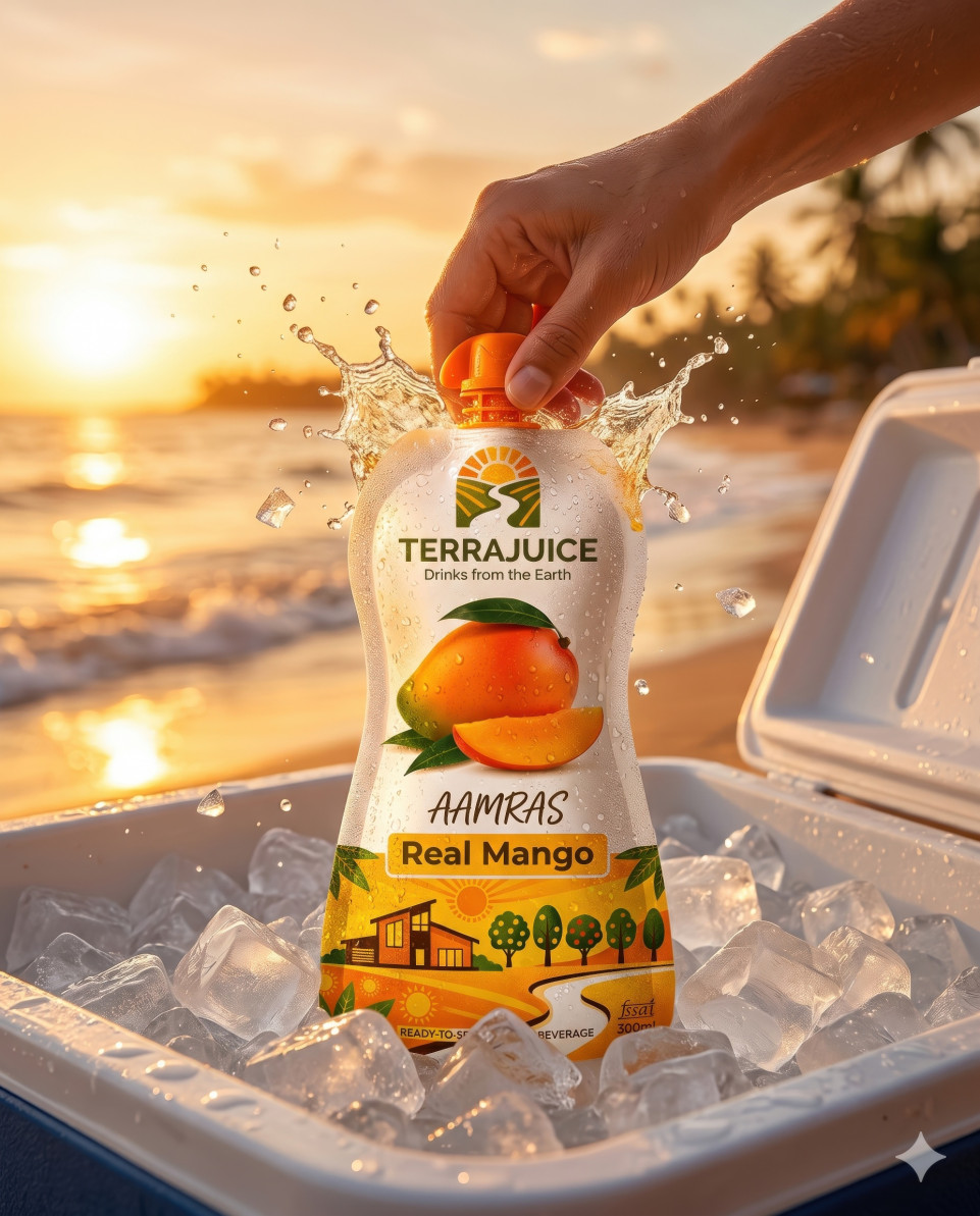 Mango drink pouch in ice chest on tropical beach sunset google gemini prompt