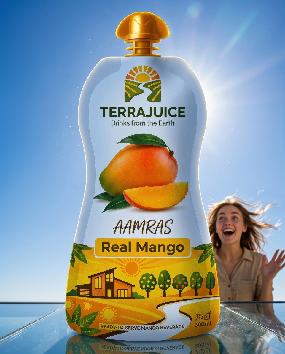 Mango drink pouch hero shot with woman under blue sky google gemini prompt